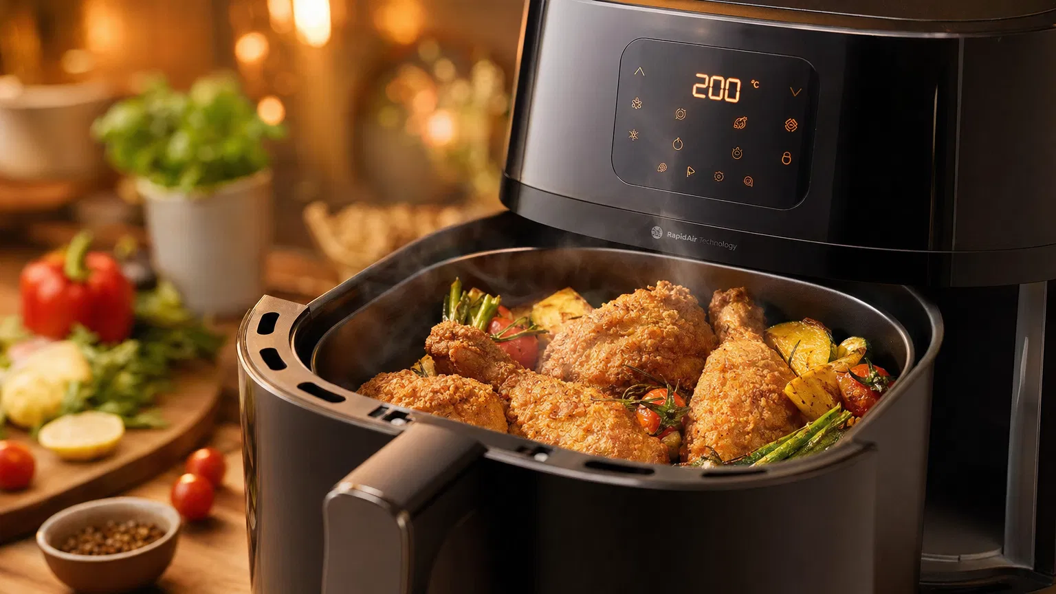 Air fryer preparando uma refeição crocante